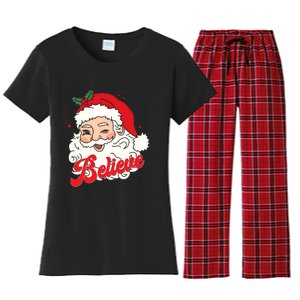 Groovy Retro Santa Claus Believe Christmas Women's Flannel Pajama Set