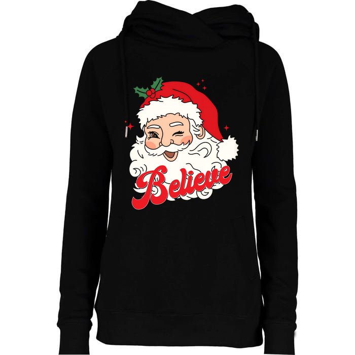 Groovy Retro Santa Claus Believe Christmas Womens Funnel Neck Pullover Hood