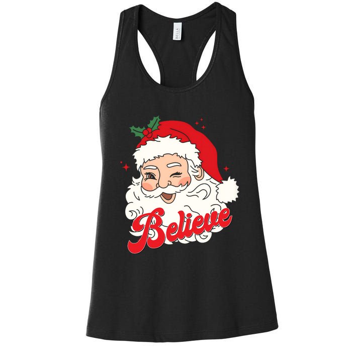 Groovy Retro Santa Claus Believe Christmas Women's Racerback Tank