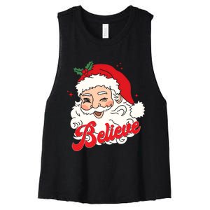 Groovy Retro Santa Claus Believe Christmas Women's Racerback Cropped Tank