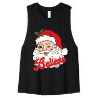 Groovy Retro Santa Claus Believe Christmas Women's Racerback Cropped Tank