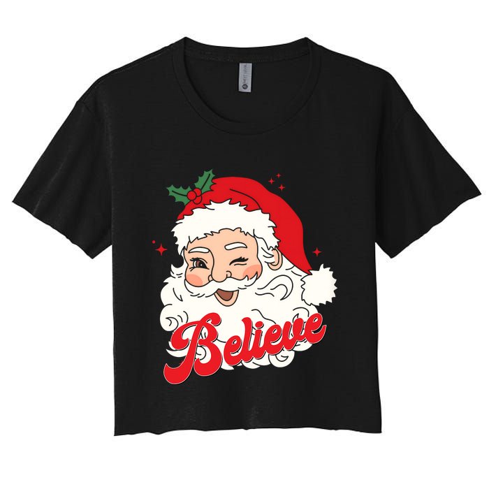 Groovy Retro Santa Claus Believe Christmas Women's Crop Top Tee