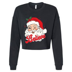 Groovy Retro Santa Claus Believe Christmas Cropped Pullover Crew