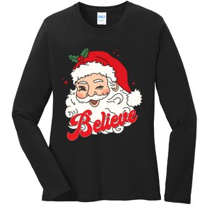 Groovy Retro Santa Claus Believe Christmas Ladies Long Sleeve Shirt