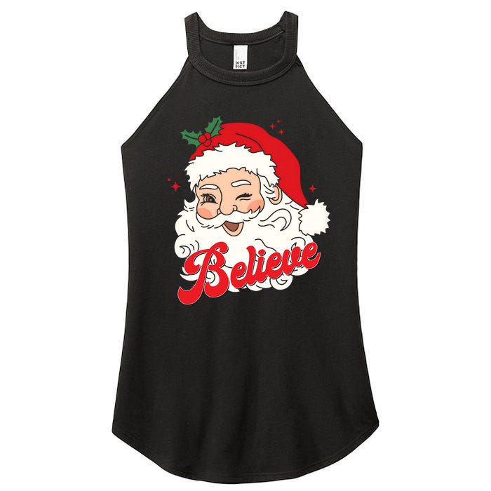 Groovy Retro Santa Claus Believe Christmas Women's Perfect Tri Rocker Tank