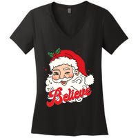 Groovy Retro Santa Claus Believe Christmas Women's V-Neck T-Shirt