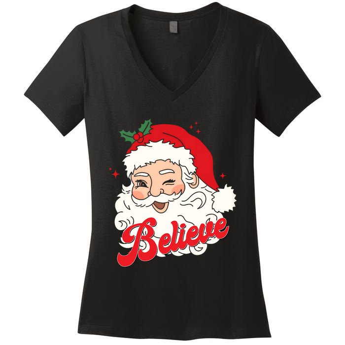 Groovy Retro Santa Claus Believe Christmas Women's V-Neck T-Shirt