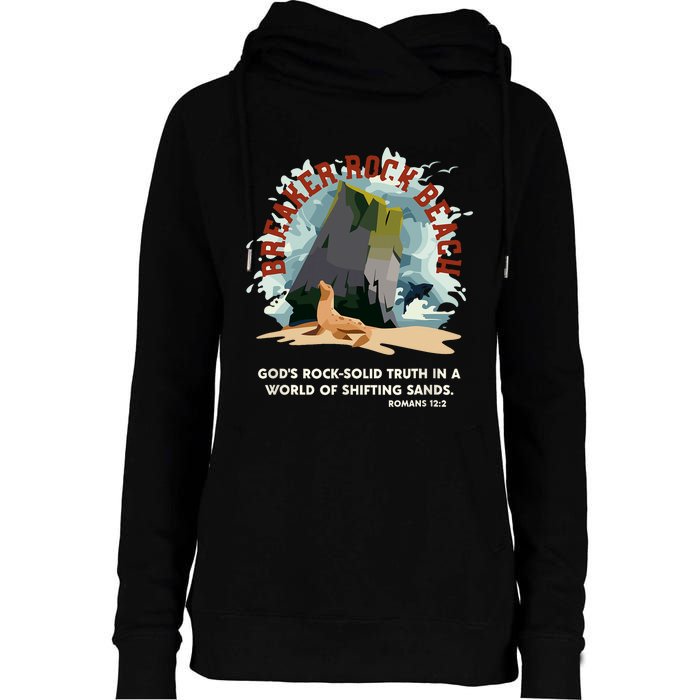 GodS Rock Solid Breaker Rock Beach Vbs 2024 Christian Womens Funnel Neck Pullover Hood