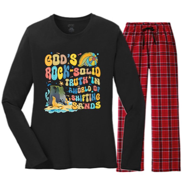 GodS Rock Solid Breaker Rock Beach Vbs 2024 Christian Trending Design Women's Long Sleeve Flannel Pajama Set 