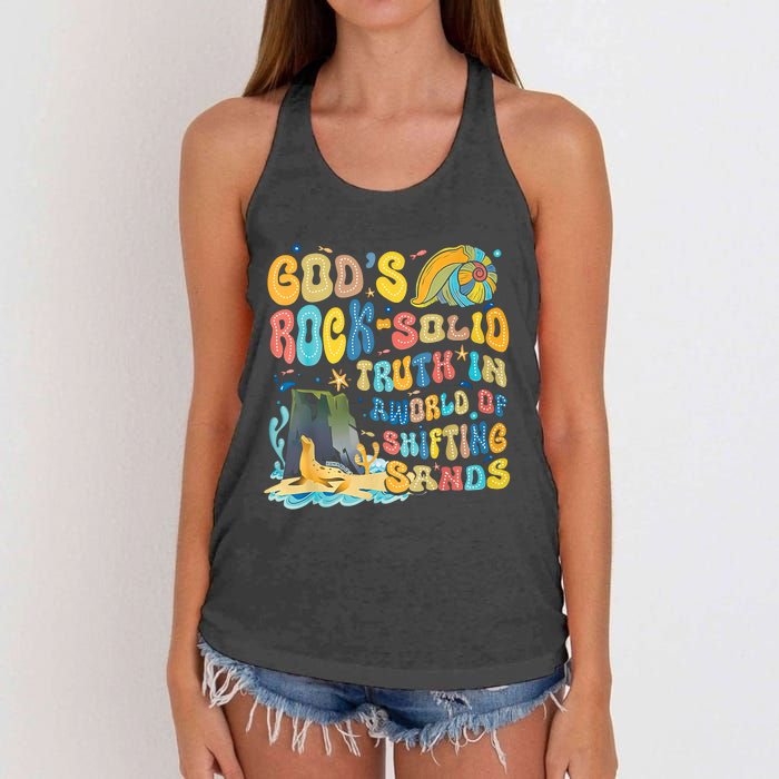 GodS Rock Solid Breaker Rock Beach Vbs 2024 Christian Trending Design Women's Knotted Racerback Tank