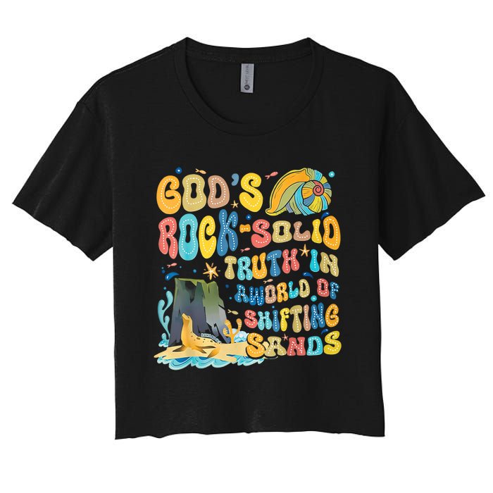 GodS Rock Solid Breaker Rock Beach Vbs 2024 Christian Trending Design Women's Crop Top Tee