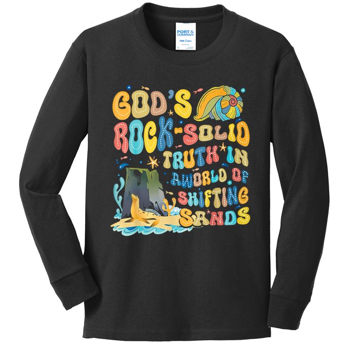 GodS Rock Solid Breaker Rock Beach Vbs 2024 Christian Trending Design Kids Long Sleeve Shirt