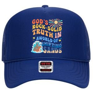 GodS Rock Solid Breaker Rock Beach Vbs 2024 Christian High Crown Mesh Back Trucker Hat