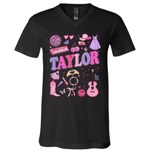 Girl Retro Taylor First Name Personalized Groovy 70S 80S V-Neck T-Shirt