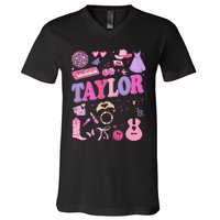 Girl Retro Taylor First Name Personalized Groovy 70S 80S V-Neck T-Shirt