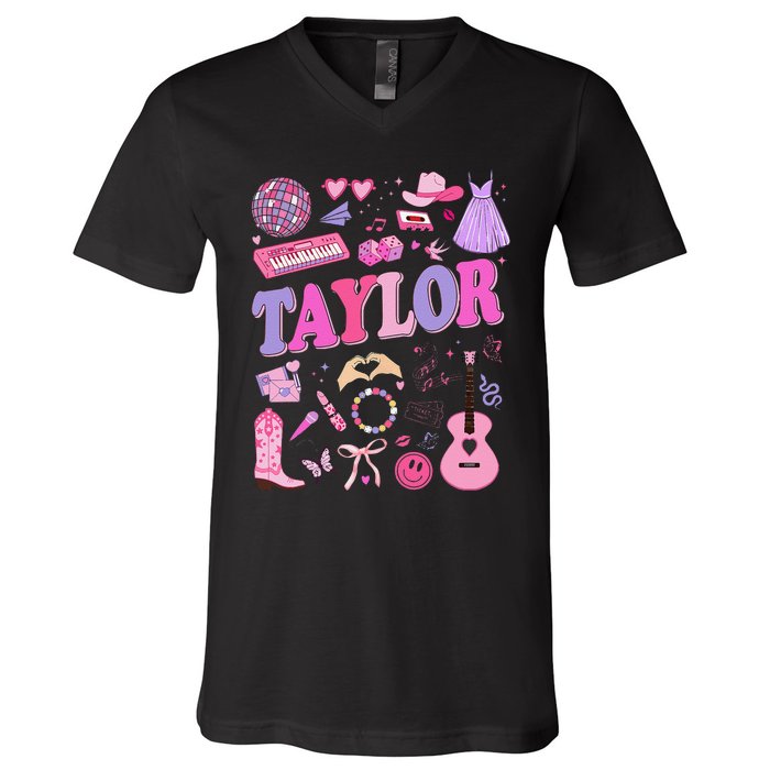 Girl Retro Taylor First Name Personalized Groovy 70S 80S V-Neck T-Shirt