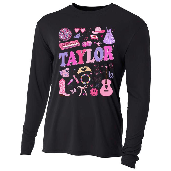 Girl Retro Taylor First Name Personalized Groovy 70S 80S Cooling Performance Long Sleeve Crew