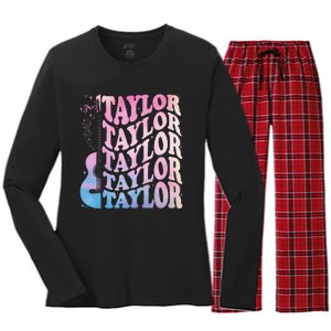 Girl Retro Taylor First Name Personalized Groovy 80s Women's Long Sleeve Flannel Pajama Set 