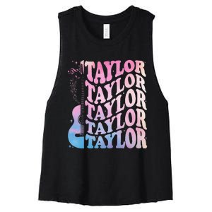 Girl Retro Taylor First Name Personalized Groovy 80s Women's Racerback Cropped Tank