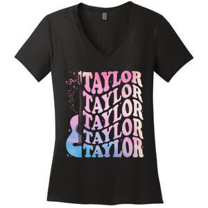 Girl Retro Taylor First Name Personalized Groovy 80s Women's V-Neck T-Shirt