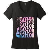 Girl Retro Taylor First Name Personalized Groovy 80s Women's V-Neck T-Shirt