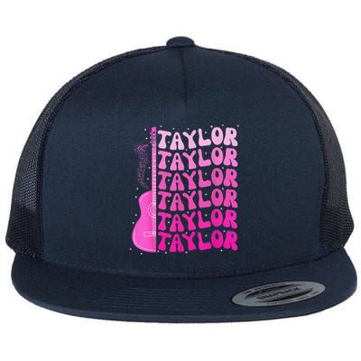 Girl Retro Taylor First Name Personalized Birthday Groovy Flat Bill Trucker Hat