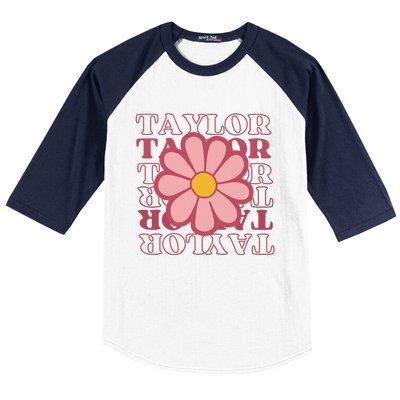 Girl Retro Taylor First Name Personalized Groovy Birthday Baseball Sleeve Shirt