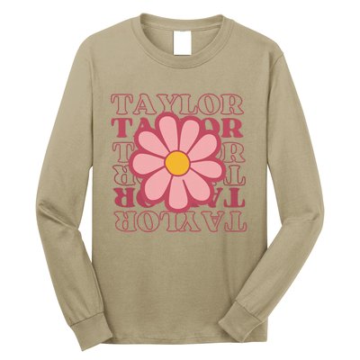 Girl Retro Taylor First Name Personalized Groovy Birthday Long Sleeve Shirt