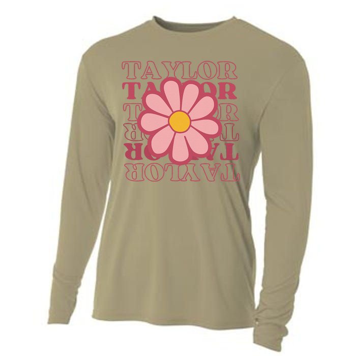 Girl Retro Taylor First Name Personalized Groovy Birthday Cooling Performance Long Sleeve Crew