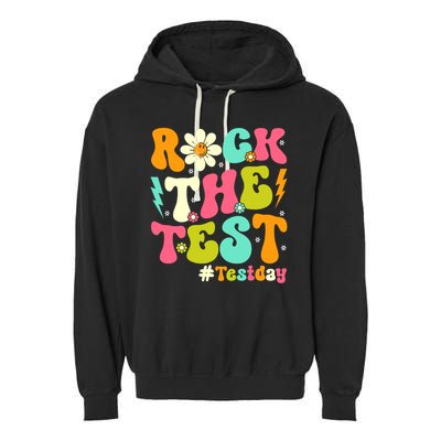 Groovy Rock The Test Motivational Retro Teachers Testing Day Garment-Dyed Fleece Hoodie