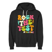 Groovy Rock The Test Motivational Retro Teachers Testing Day Garment-Dyed Fleece Hoodie