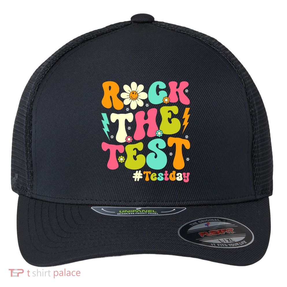 Groovy Rock The Test Motivational Retro Teachers Testing Day Flexfit Unipanel Trucker Cap