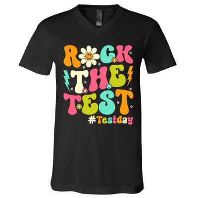 Groovy Rock The Test Motivational Retro Teachers Testing Day V-Neck T-Shirt