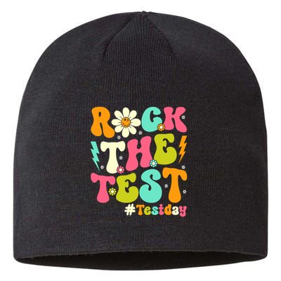 Groovy Rock The Test Motivational Retro Teachers Testing Day Sustainable Beanie