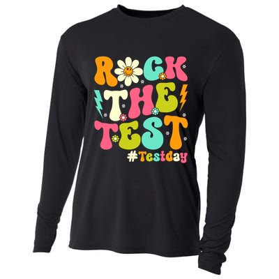 Groovy Rock The Test Motivational Retro Teachers Testing Day Cooling Performance Long Sleeve Crew