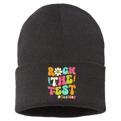 Groovy Rock The Test Motivational Retro Teachers Testing Day Sustainable Knit Beanie