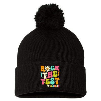 Groovy Rock The Test Motivational Retro Teachers Testing Day Pom Pom 12in Knit Beanie