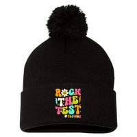 Groovy Rock The Test Motivational Retro Teachers Testing Day Pom Pom 12in Knit Beanie