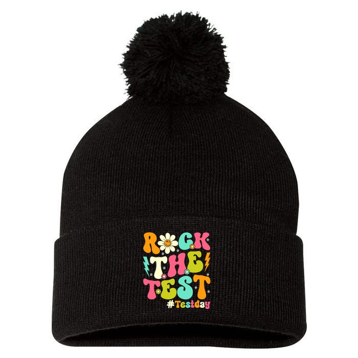 Groovy Rock The Test Motivational Retro Teachers Testing Day Pom Pom 12in Knit Beanie