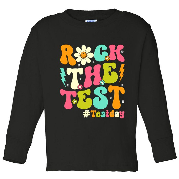 Groovy Rock The Test Motivational Retro Teachers Testing Day Toddler Long Sleeve Shirt