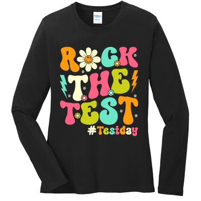 Groovy Rock The Test Motivational Retro Teachers Testing Day Ladies Long Sleeve Shirt