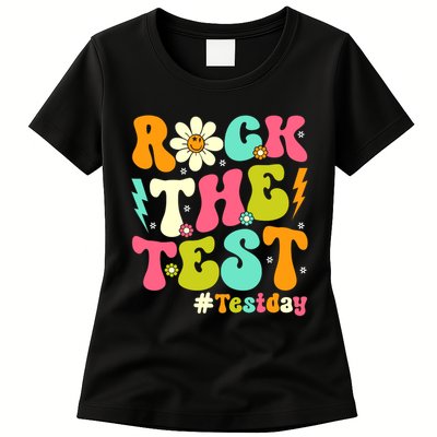 Groovy Rock The Test Motivational Retro Teachers Testing Day Womens T-Shirt
