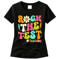Groovy Rock The Test Motivational Retro Teachers Testing Day Womens T-Shirt
