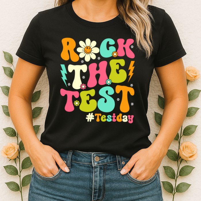 Groovy Rock The Test Motivational Retro Teachers Testing Day Womens T-Shirt