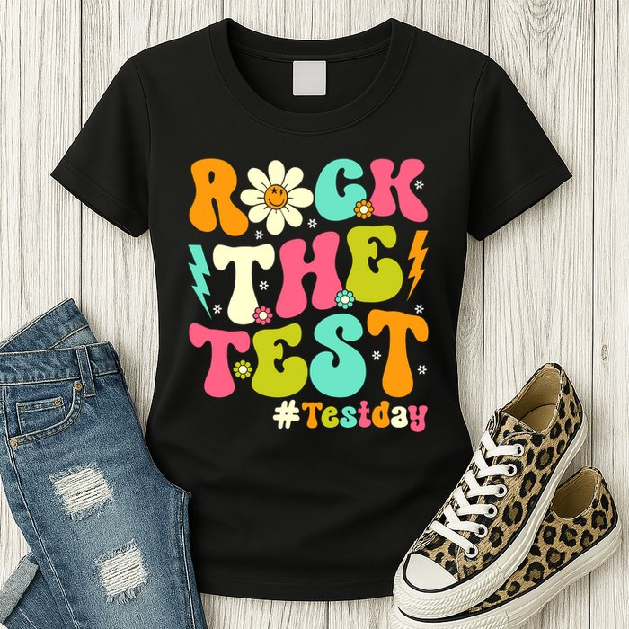 Groovy Rock The Test Motivational Retro Teachers Testing Day Womens T-Shirt