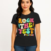 Groovy Rock The Test Motivational Retro Teachers Testing Day Womens T-Shirt