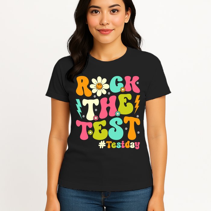 Groovy Rock The Test Motivational Retro Teachers Testing Day Womens T-Shirt