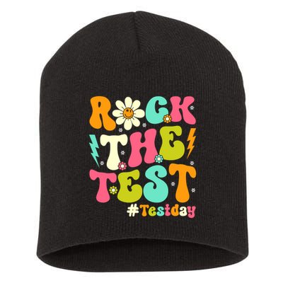 Groovy Rock The Test Motivational Retro Teachers Testing Day Short Acrylic Beanie