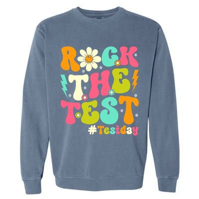 Groovy Rock The Test Motivational Retro Teachers Testing Day Garment-Dyed Sweatshirt