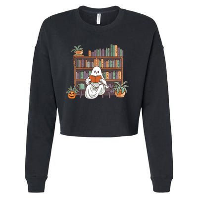 Ghost Reading Teacher Halloween Librarian Book Lover Reading Cropped Pullover Crew